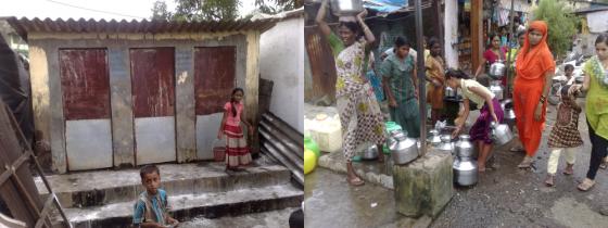 Situation in slums in India: Children using community latrines (left) and women fetching water (right). Source: L. BARRETO DILLON (2011)